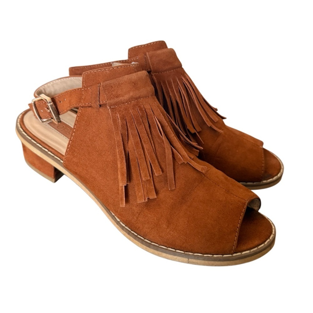 Topshop Peep Toe Brown Fringed Faux Suede Sandals-Size US 5 Euro 38